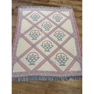Vintage Pink & Blue Woven Throw Blanket Acorn Pinecone Pattern Fringe Cottage